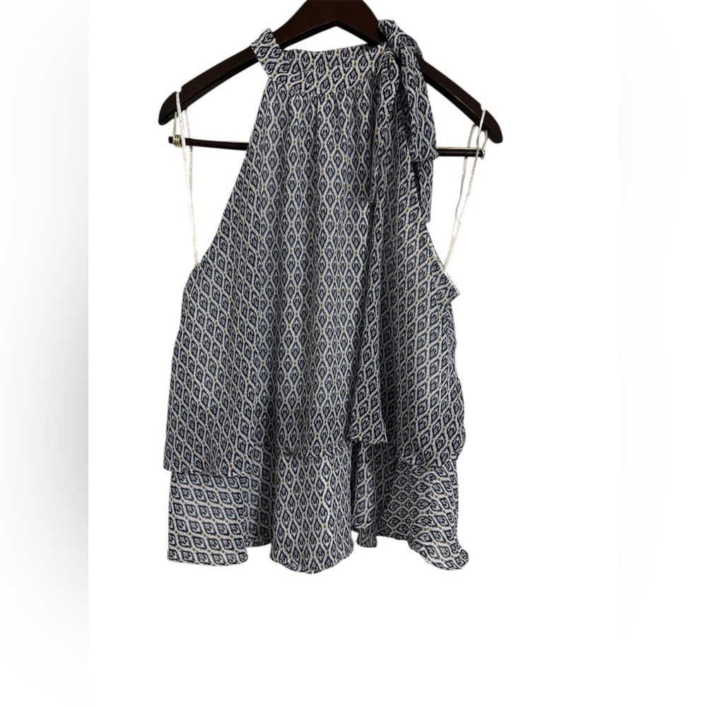 CeCe Navy Asymmetrical Patterned Shirt Size Large Halter Top Side tie